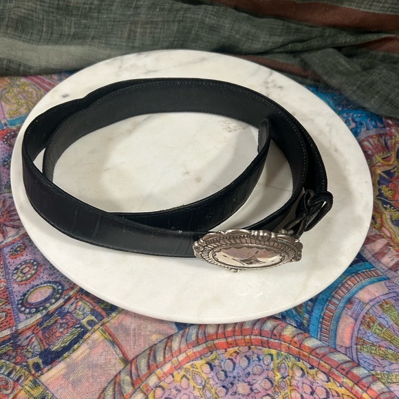 Sterling  silver belt buckle on leather 3X length belt. Vintage! main image 3